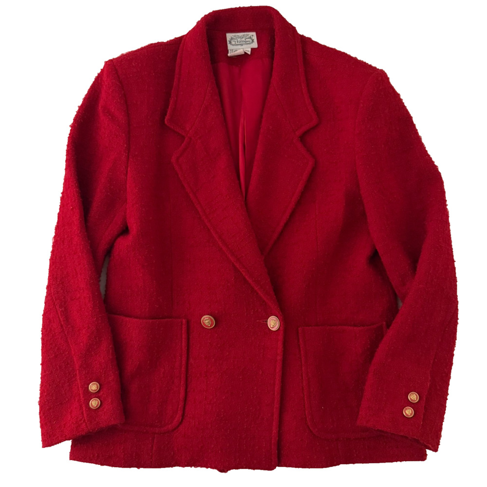 The Villager Red Wool Blazer Womens 10 Double Breasted Gold Crest Vintage Style